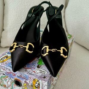 Black Satin Slingbacks with Gold Accent